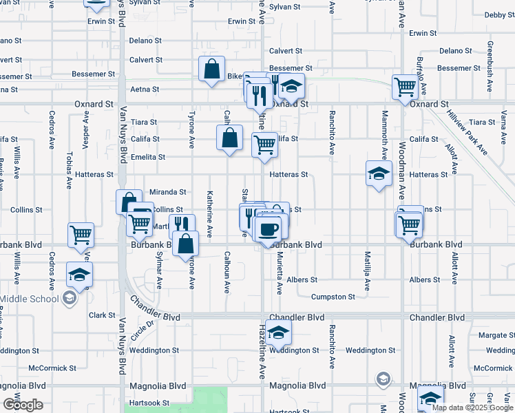 map of restaurants, bars, coffee shops, grocery stores, and more near 5703 Hazeltine Avenue in Los Angeles