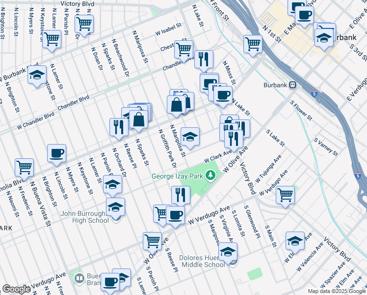 map of restaurants, bars, coffee shops, grocery stores, and more near 340 North Mariposa Street in Burbank