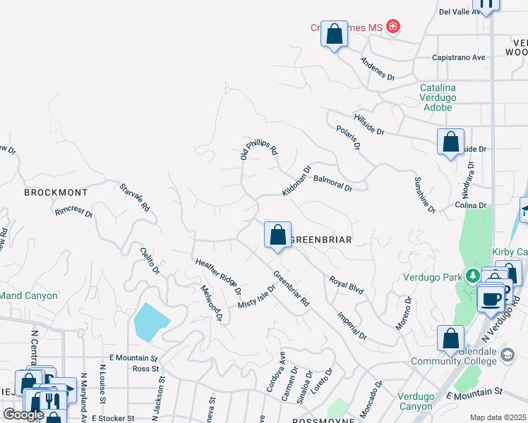 map of restaurants, bars, coffee shops, grocery stores, and more near 1025 Old Phillips Road in Glendale