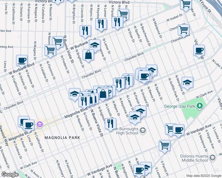 map of restaurants, bars, coffee shops, grocery stores, and more near 740 North Myers Street in Burbank