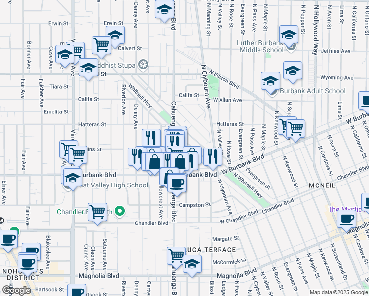map of restaurants, bars, coffee shops, grocery stores, and more near 5707 Auckland Avenue in Los Angeles