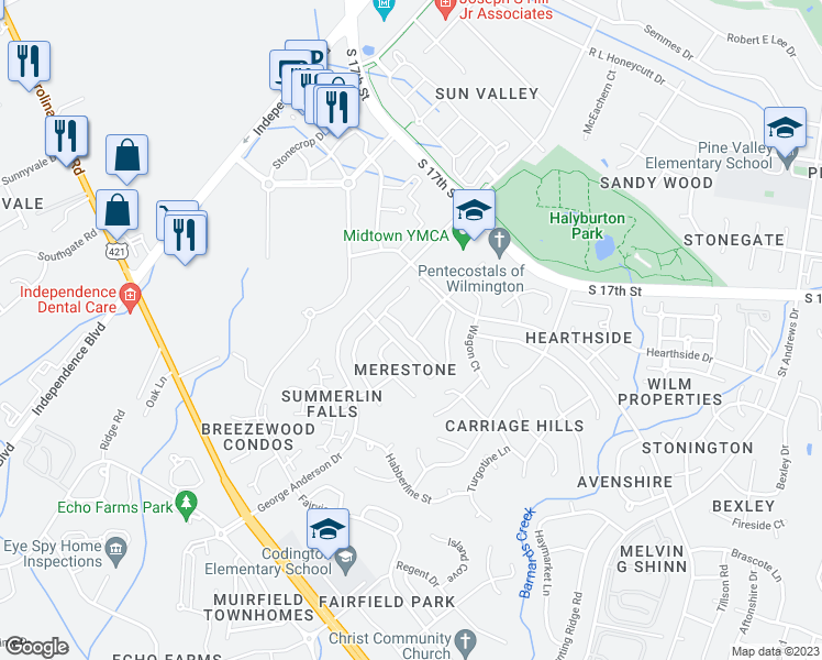 map of restaurants, bars, coffee shops, grocery stores, and more near 3679 Merestone Drive in Wilmington