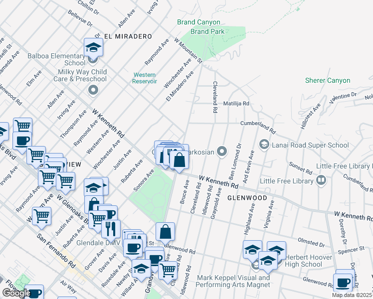 map of restaurants, bars, coffee shops, grocery stores, and more near 1546 Grandview Avenue in Glendale