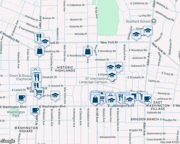 map of restaurants, bars, coffee shops, grocery stores, and more near 1661 North Holliston Avenue in Pasadena
