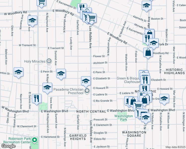map of restaurants, bars, coffee shops, grocery stores, and more near 1672 North Los Robles Avenue in Pasadena