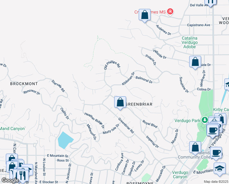 map of restaurants, bars, coffee shops, grocery stores, and more near 1025 Old Phillips Road in Glendale