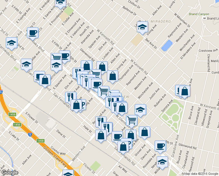 map of restaurants, bars, coffee shops, grocery stores, and more near 1165 Thompson Avenue in Glendale