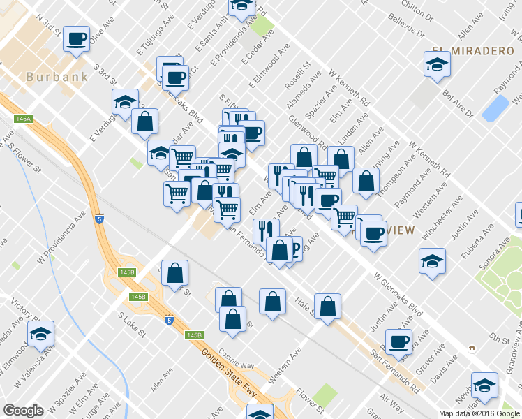 map of restaurants, bars, coffee shops, grocery stores, and more near 1060 Elm Avenue in Glendale