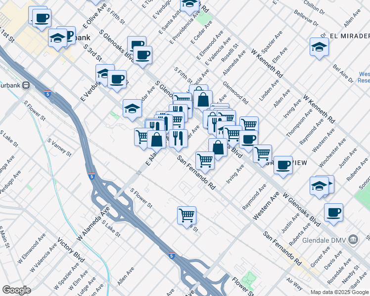 map of restaurants, bars, coffee shops, grocery stores, and more near 1034 Spazier Avenue in Glendale