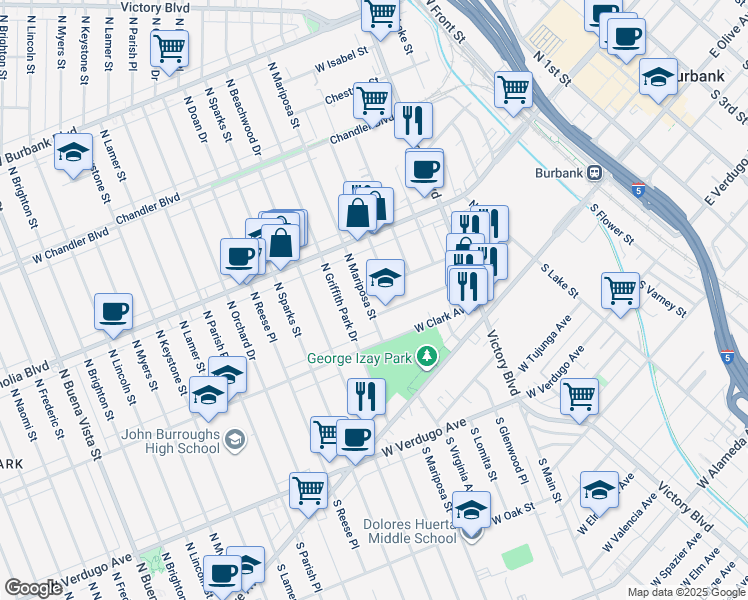 map of restaurants, bars, coffee shops, grocery stores, and more near 340 North Mariposa Street in Burbank