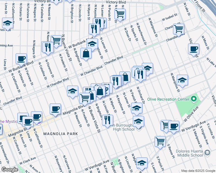 map of restaurants, bars, coffee shops, grocery stores, and more near 740 North Myers Street in Burbank
