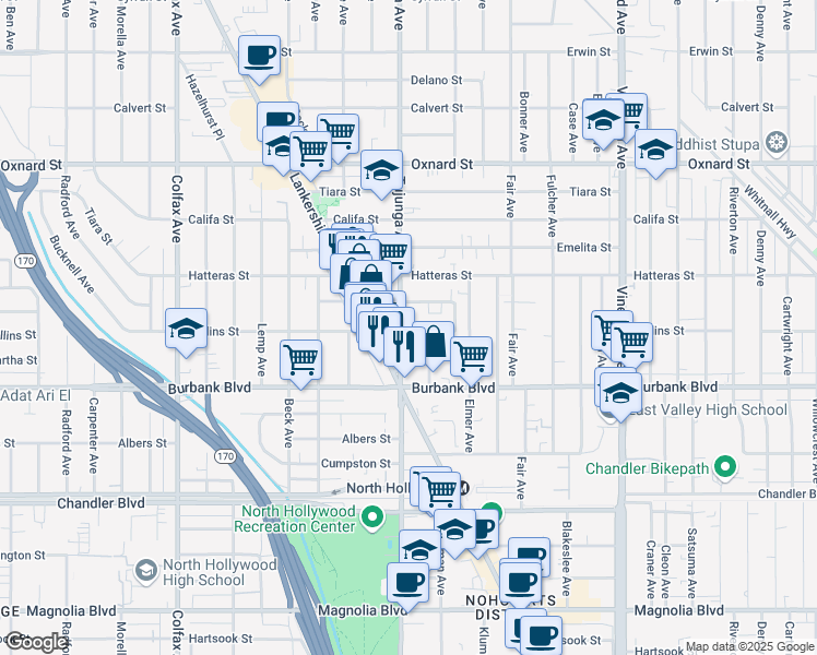 map of restaurants, bars, coffee shops, grocery stores, and more near 11342 Miranda Street in Los Angeles
