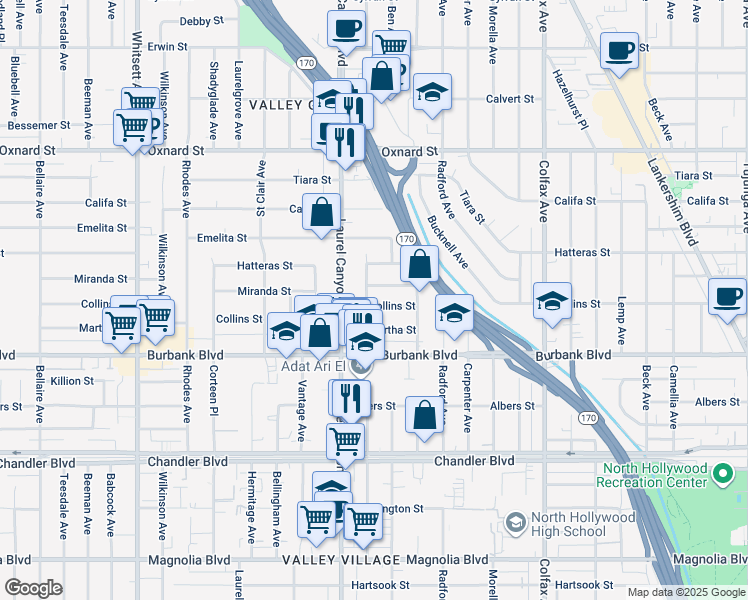 map of restaurants, bars, coffee shops, grocery stores, and more near 12022 Miranda Street in Los Angeles