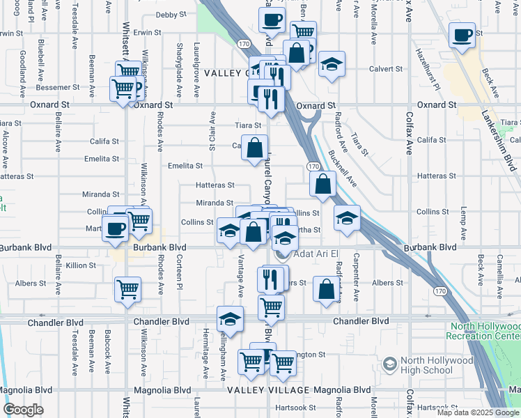 map of restaurants, bars, coffee shops, grocery stores, and more near 5726 Laurel Canyon Boulevard in Los Angeles