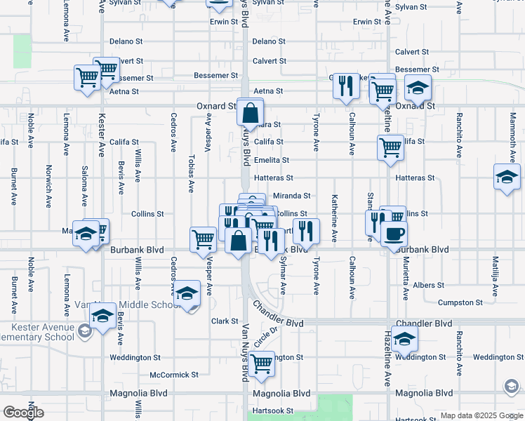 map of restaurants, bars, coffee shops, grocery stores, and more near 5719 Tilden Avenue in Los Angeles