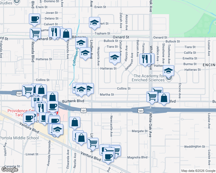 map of restaurants, bars, coffee shops, grocery stores, and more near 5729 Bertrand Avenue in Los Angeles