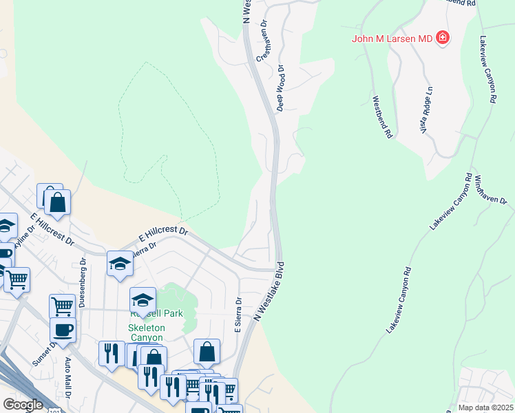 map of restaurants, bars, coffee shops, grocery stores, and more near 796 North Valley Drive in Westlake Village
