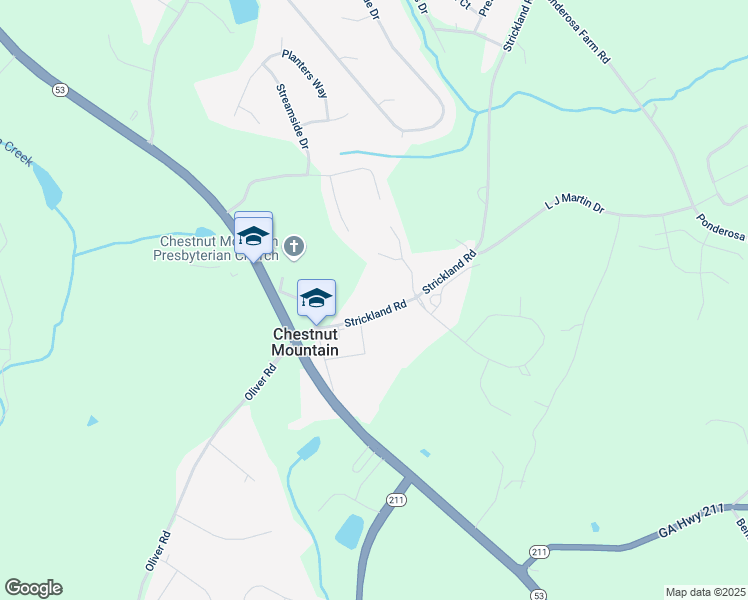 map of restaurants, bars, coffee shops, grocery stores, and more near 5266 Strickland Road in Flowery Branch