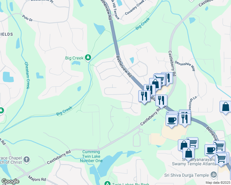 map of restaurants, bars, coffee shops, grocery stores, and more near 5830 Falls Landing Drive in Cumming
