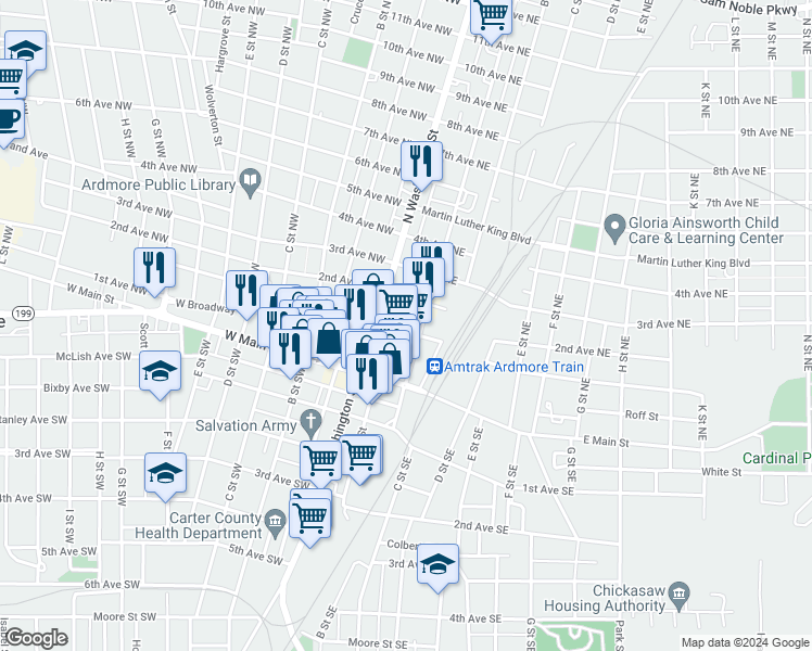 map of restaurants, bars, coffee shops, grocery stores, and more near 111 East Broadway Street in Ardmore