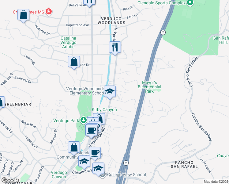 map of restaurants, bars, coffee shops, grocery stores, and more near 1762 North Verdugo Road in Glendale