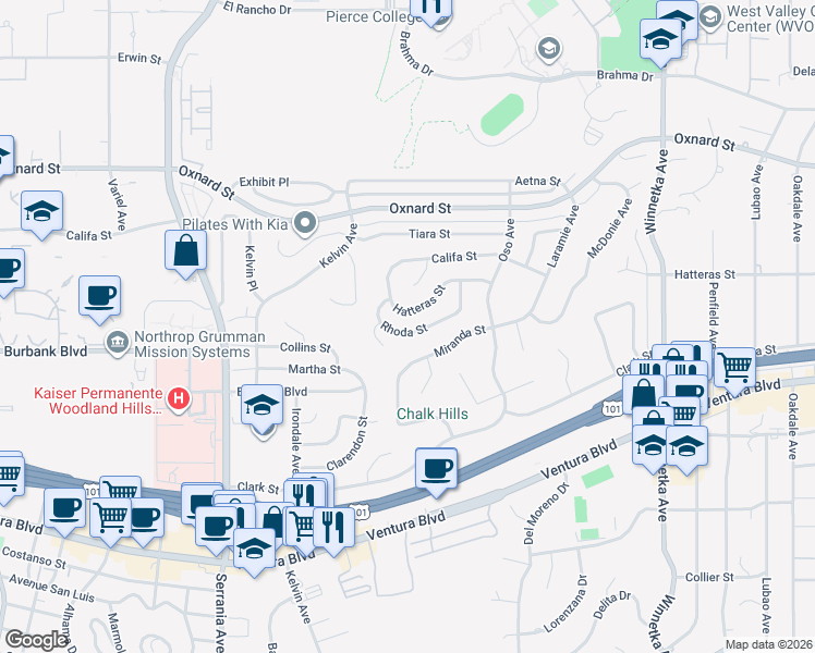 map of restaurants, bars, coffee shops, grocery stores, and more near 20531 Rhoda Street in Los Angeles