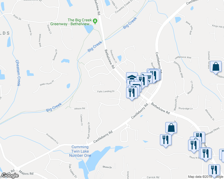 map of restaurants, bars, coffee shops, grocery stores, and more near 5730 Falls Landing Drive in Cumming