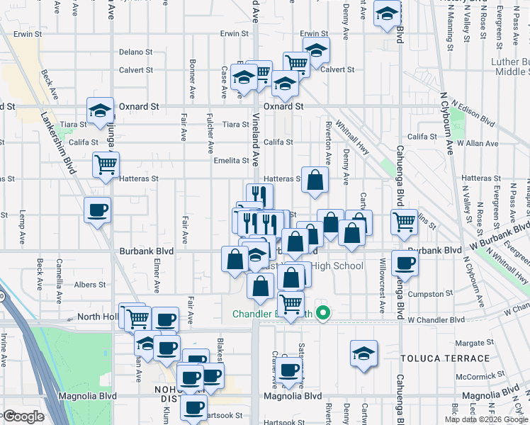 map of restaurants, bars, coffee shops, grocery stores, and more near 5719 Craner Avenue in Los Angeles