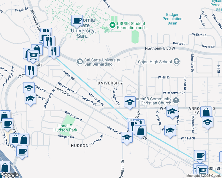 map of restaurants, bars, coffee shops, grocery stores, and more near 5025 Alta Drive in San Bernardino