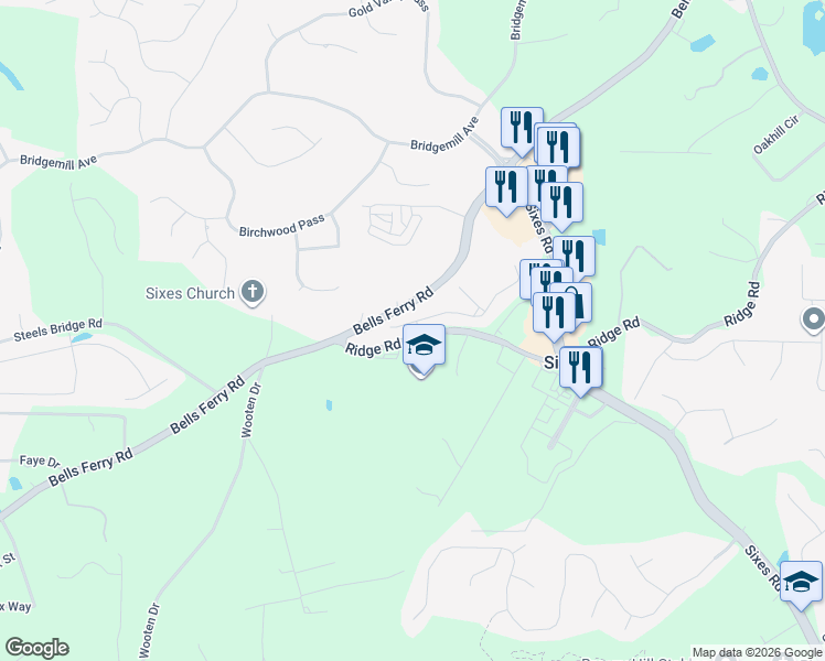 map of restaurants, bars, coffee shops, grocery stores, and more near 112 Overlook Ridge Way in Canton