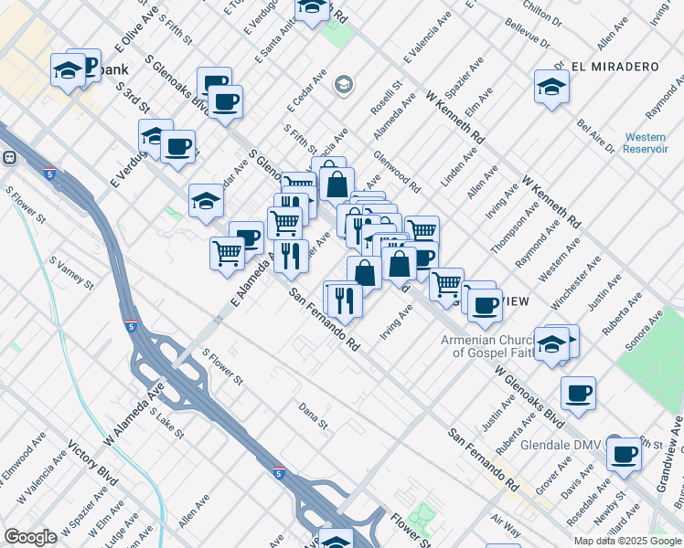 map of restaurants, bars, coffee shops, grocery stores, and more near 1048 Elm Avenue in Glendale