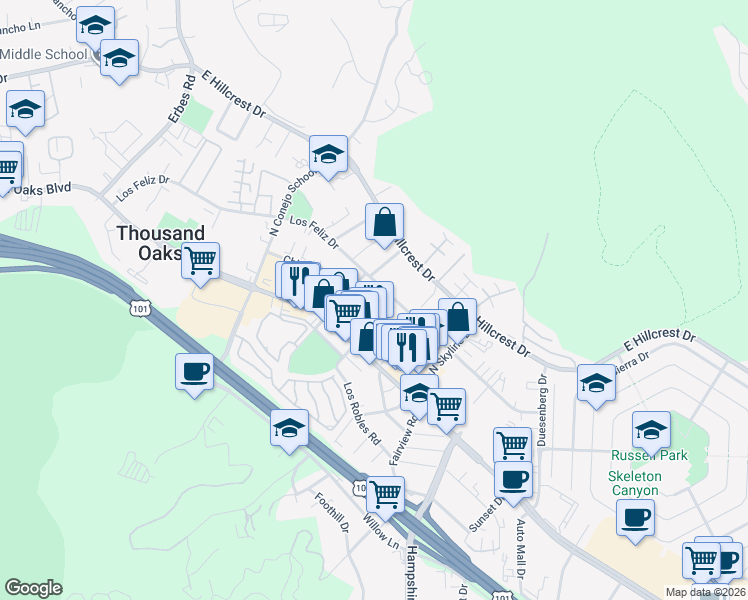 map of restaurants, bars, coffee shops, grocery stores, and more near 2658 Morning Grove Way in Thousand Oaks