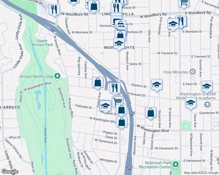map of restaurants, bars, coffee shops, grocery stores, and more near 1625 Bancroft Way in Pasadena