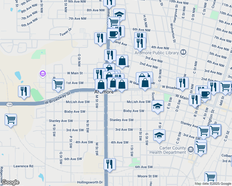 map of restaurants, bars, coffee shops, grocery stores, and more near 1016 West Broadway Street in Ardmore