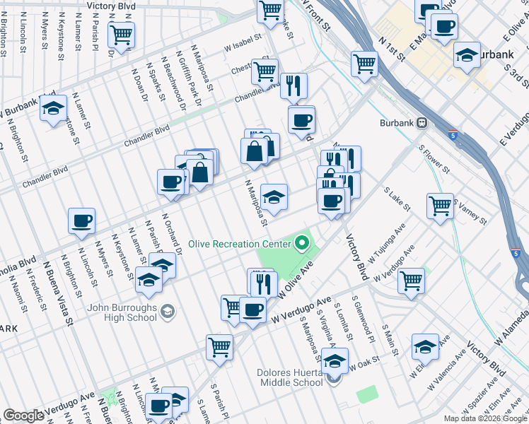 map of restaurants, bars, coffee shops, grocery stores, and more near 340 North Mariposa Street in Burbank