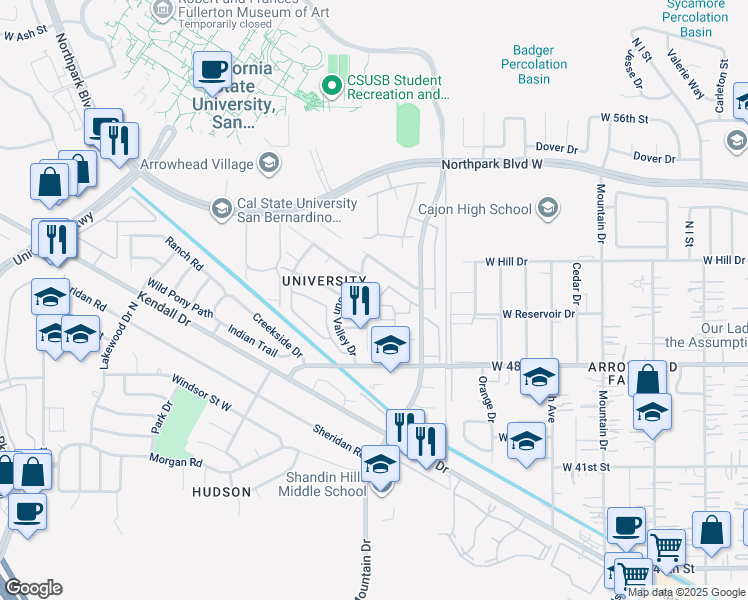 map of restaurants, bars, coffee shops, grocery stores, and more near 5059 North Tamarron Court in San Bernardino