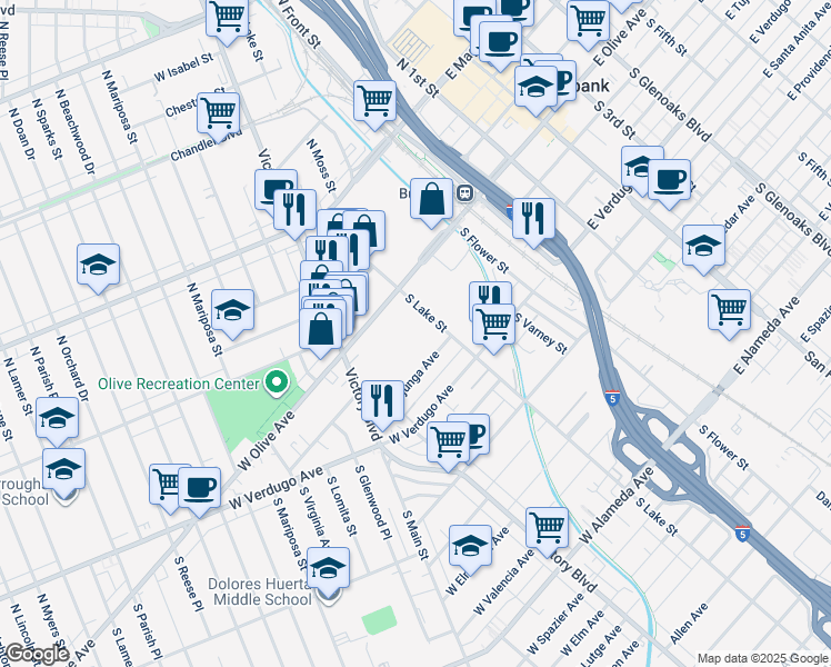 map of restaurants, bars, coffee shops, grocery stores, and more near 200 West Olive Avenue in Burbank