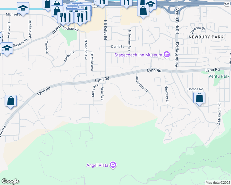 map of restaurants, bars, coffee shops, grocery stores, and more near 1826 Crystal View Circle in Thousand Oaks