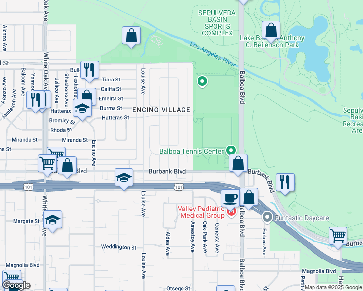 map of restaurants, bars, coffee shops, grocery stores, and more near 5700 Ostrom Avenue in Los Angeles