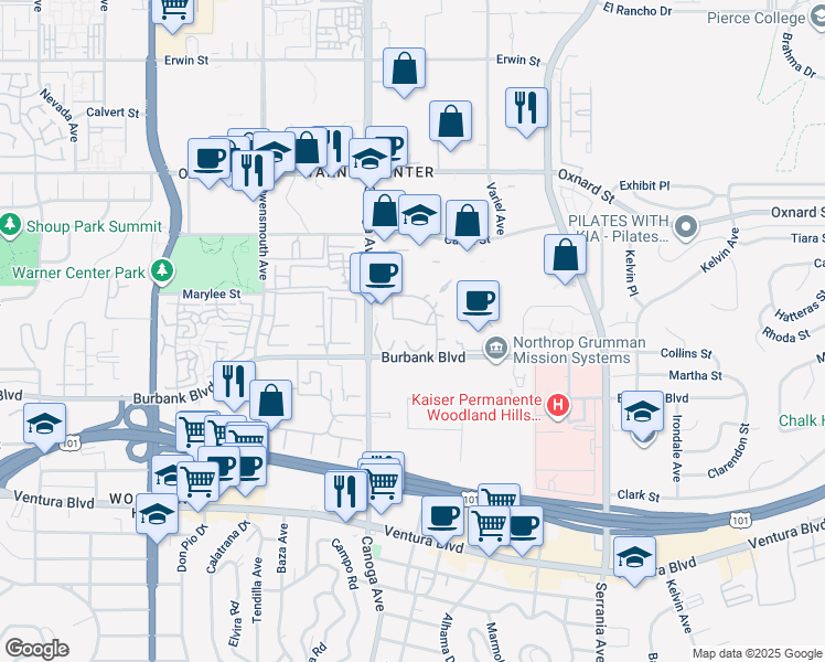 map of restaurants, bars, coffee shops, grocery stores, and more near 21281 Burbank Boulevard in Woodland Hills