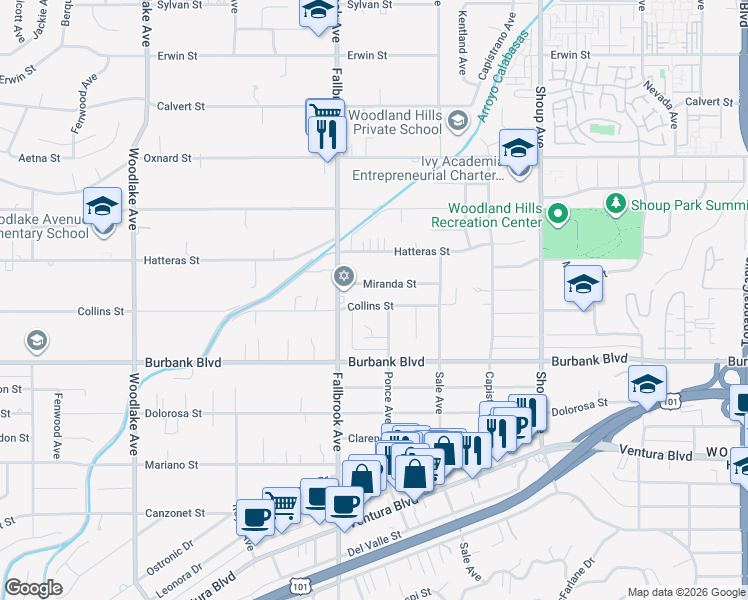 map of restaurants, bars, coffee shops, grocery stores, and more near 22711 Collins Street in Los Angeles