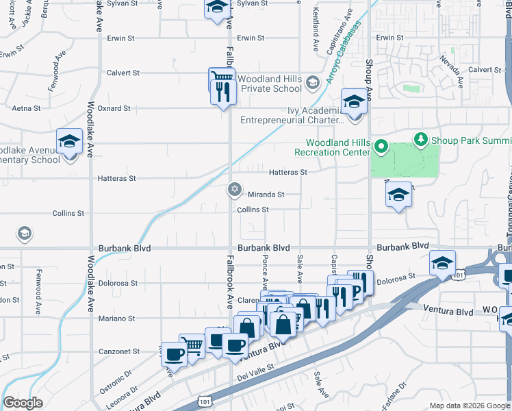 map of restaurants, bars, coffee shops, grocery stores, and more near 22711 Collins Street in Los Angeles
