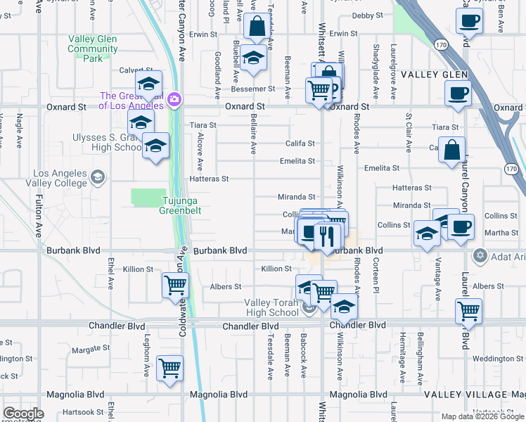 map of restaurants, bars, coffee shops, grocery stores, and more near 12643 Collins Street in Los Angeles