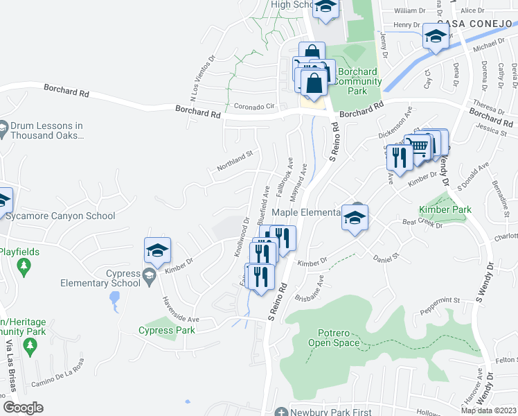 map of restaurants, bars, coffee shops, grocery stores, and more near 179 Bluefield Avenue in Thousand Oaks