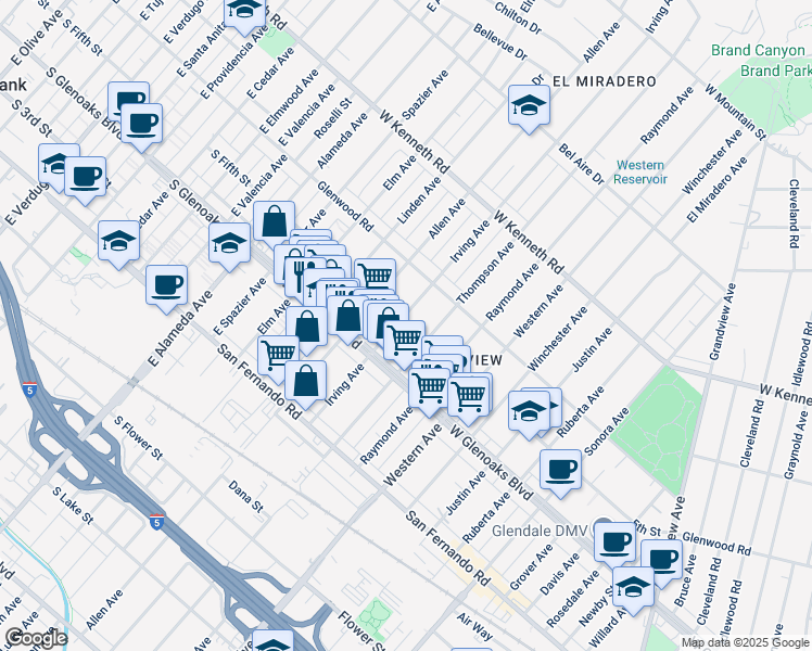 map of restaurants, bars, coffee shops, grocery stores, and more near 1138 Irving Avenue in Glendale