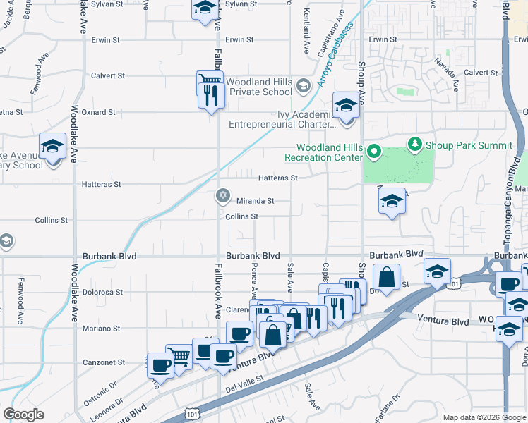 map of restaurants, bars, coffee shops, grocery stores, and more near 22643 Collins Street in Los Angeles