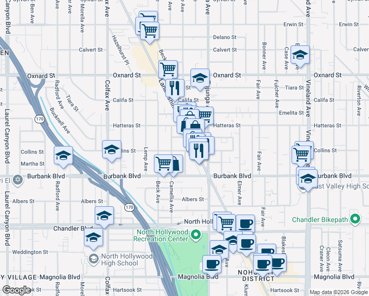 map of restaurants, bars, coffee shops, grocery stores, and more near 11459 Collins Street in Los Angeles