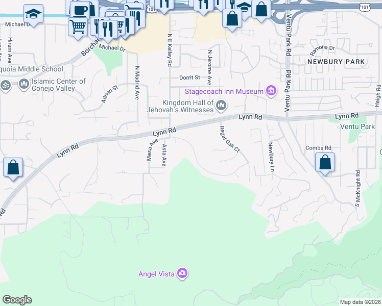 map of restaurants, bars, coffee shops, grocery stores, and more near 1808 Crystal View Circle in Thousand Oaks