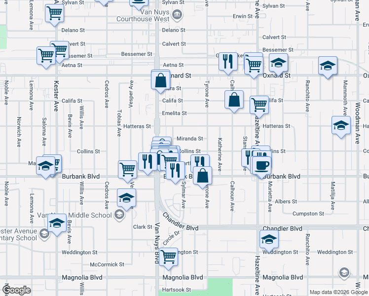 map of restaurants, bars, coffee shops, grocery stores, and more near 14357 Collins Street in Los Angeles