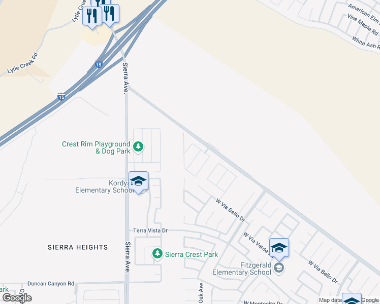map of restaurants, bars, coffee shops, grocery stores, and more near 4113 North Tangerine Avenue in Rialto